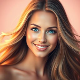 A stunning portrait of a beautiful woman with flowing long hair, glowing skin, and vibrant blue eyes