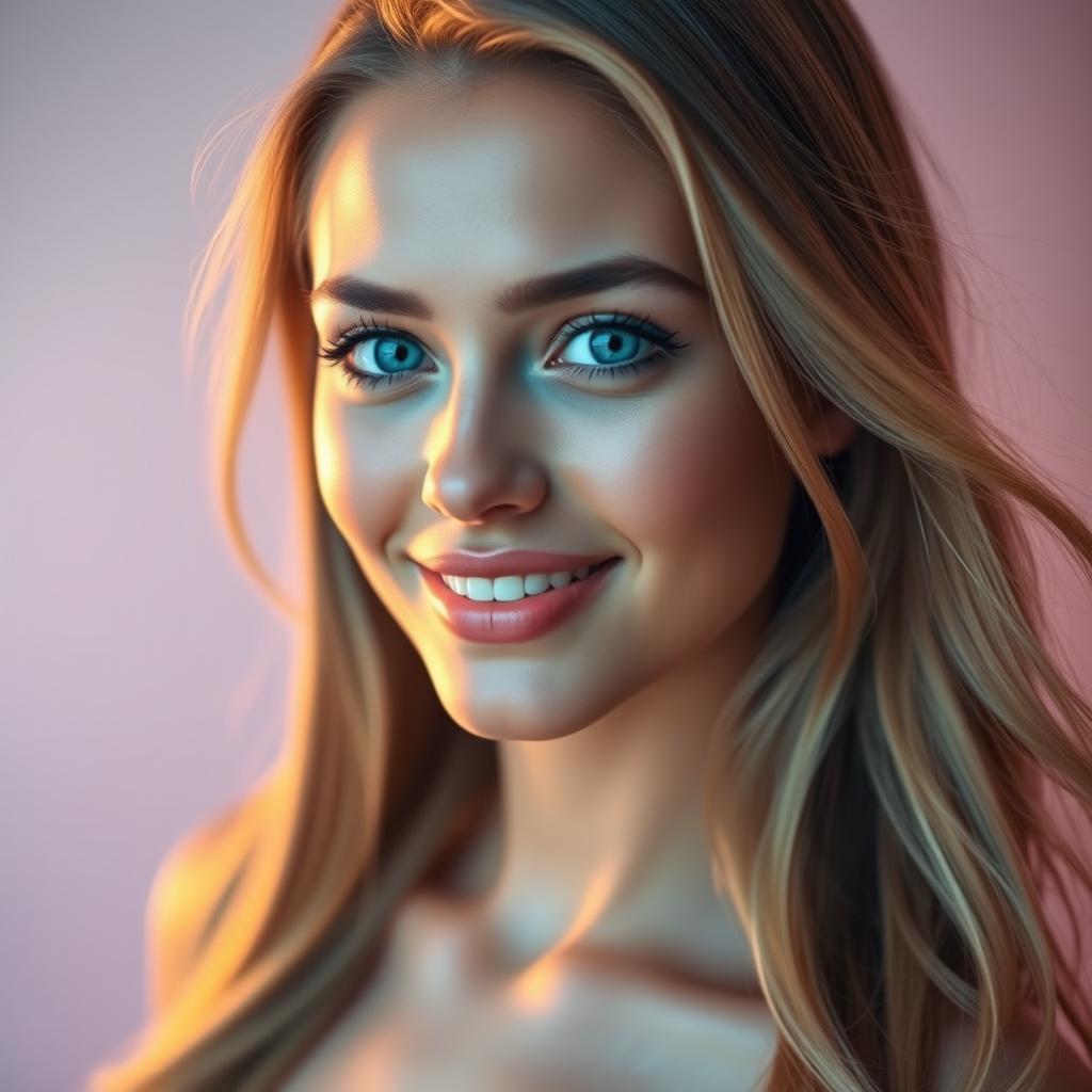 A stunning portrait of a beautiful woman with flowing long hair, glowing skin, and vibrant blue eyes