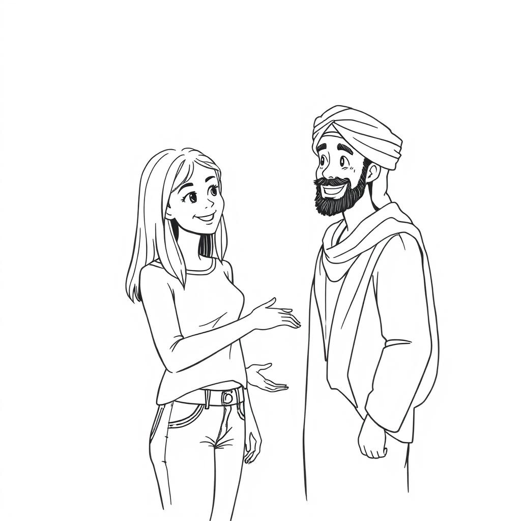 A simple black and white drawing depicting a European woman inviting an Arab man wearing a turban