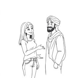 A simple black and white drawing depicting a European woman inviting an Arab man wearing a turban