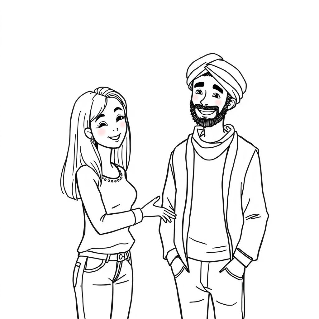 A simple black and white drawing depicting a European woman inviting an Arab man wearing a turban