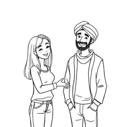 A simple black and white drawing depicting a European woman inviting an Arab man wearing a turban