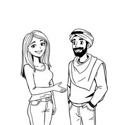 A simple black and white drawing depicting a European woman inviting an Arab man wearing a turban