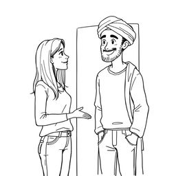 A simple black and white drawing depicting a European woman inviting an Arab man wearing a turban