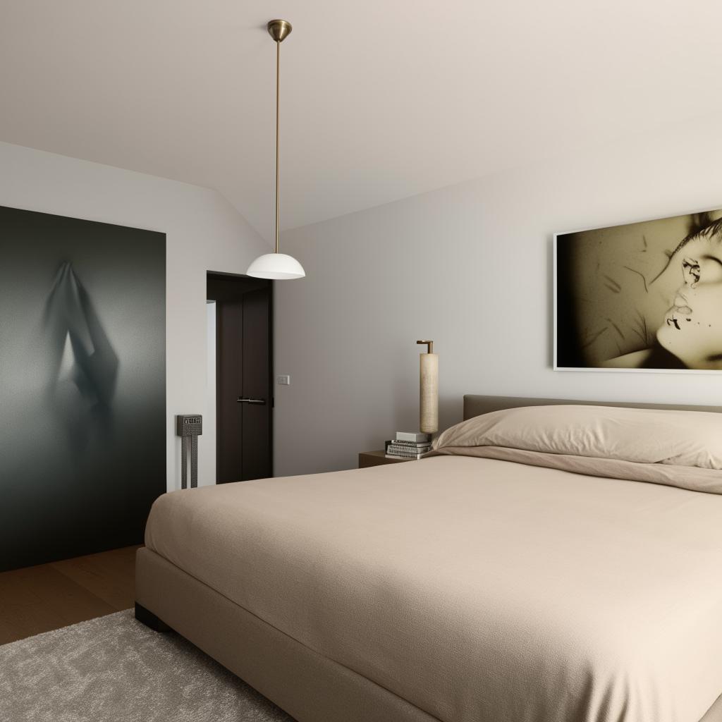 A sleek, modern bedroom with a minimalist design, favouring cool tones and masculine aesthetics, featuring a king-size bed, stylish lighting, and contemporary art pieces.