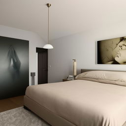 A sleek, modern bedroom with a minimalist design, favouring cool tones and masculine aesthetics, featuring a king-size bed, stylish lighting, and contemporary art pieces.
