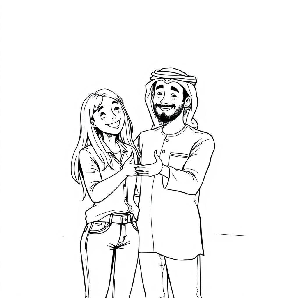 A simple black and white drawing featuring a European woman inviting an Arab man wearing a hatta