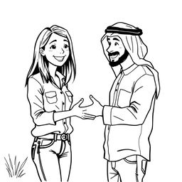 A simple black and white drawing featuring a European woman inviting an Arab man wearing a hatta