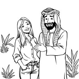 A simple black and white drawing featuring a European woman inviting an Arab man wearing a hatta