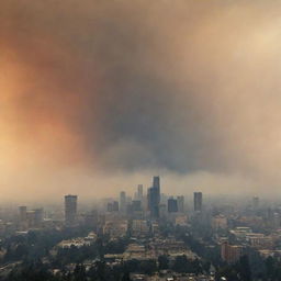 A city skyline dramatically engulfed in smoke from sweeping wildfires, illustrating the amplified severity and frequency of these events due to climate change.