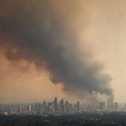 A city skyline dramatically engulfed in smoke from sweeping wildfires, illustrating the amplified severity and frequency of these events due to climate change.