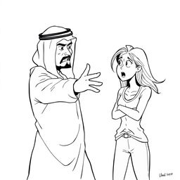 A simple black and white drawing featuring an Arab man wearing a hatta in an aggressive pose towards a European woman