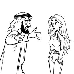 A simple black and white drawing featuring an Arab man wearing a hatta in an aggressive pose towards a European woman