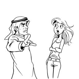 A simple black and white drawing featuring an Arab man wearing a hatta in an aggressive pose towards a European woman