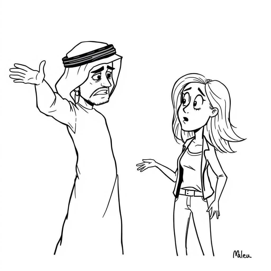 A simple black and white drawing featuring an Arab man wearing a hatta in an aggressive pose towards a European woman