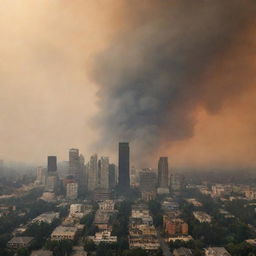 A city skyline dramatically engulfed in smoke from sweeping wildfires, illustrating the amplified severity and frequency of these events due to climate change.