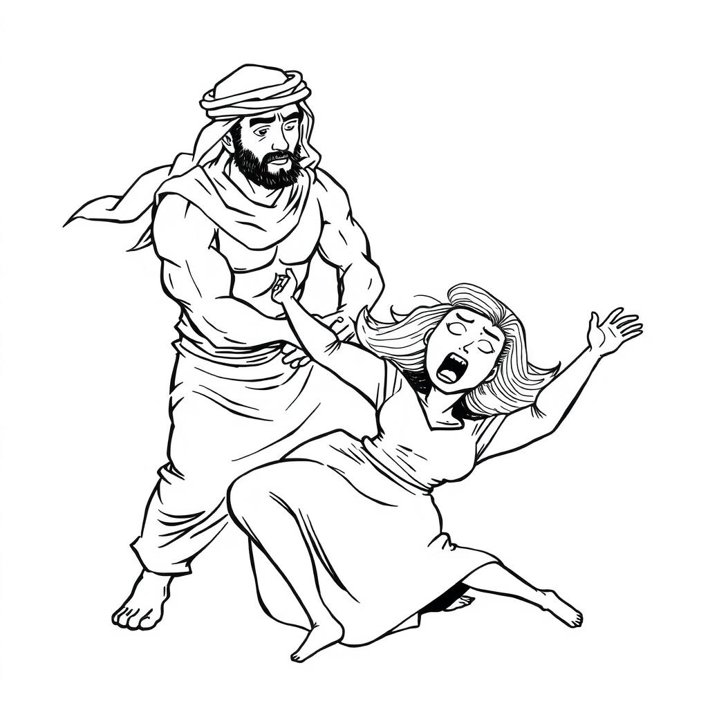 A simple black and white drawing depicting an Arab man wearing a hatta throwing a European woman to the ground