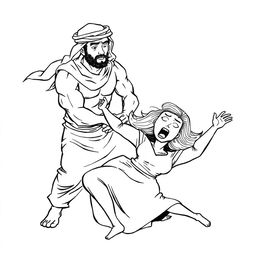 A simple black and white drawing depicting an Arab man wearing a hatta throwing a European woman to the ground