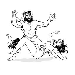 A simple black and white drawing depicting an Arab man wearing a hatta throwing a European woman to the ground