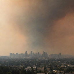 A city skyline dramatically engulfed in smoke from sweeping wildfires, illustrating the amplified severity and frequency of these events due to climate change.