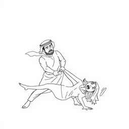 A simple black and white drawing depicting an Arab man wearing a hatta throwing a European woman to the ground