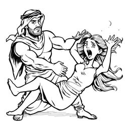 A simple black and white drawing depicting an Arab man wearing a hatta throwing a European woman to the ground