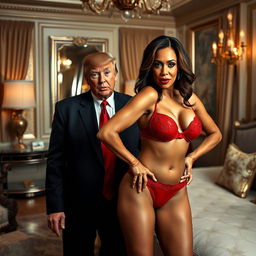 Kamala Harris striking a confident pose in red lingerie, showcasing her figure with a playful attitude, set in a stylishly designed bedroom with luxurious decor