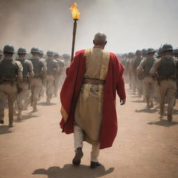 A strong and dignified leader walking away from their troops, their footsteps echoing power. The leader imparts their final words, 'Our journey together has ended. Keep this flame alight.'