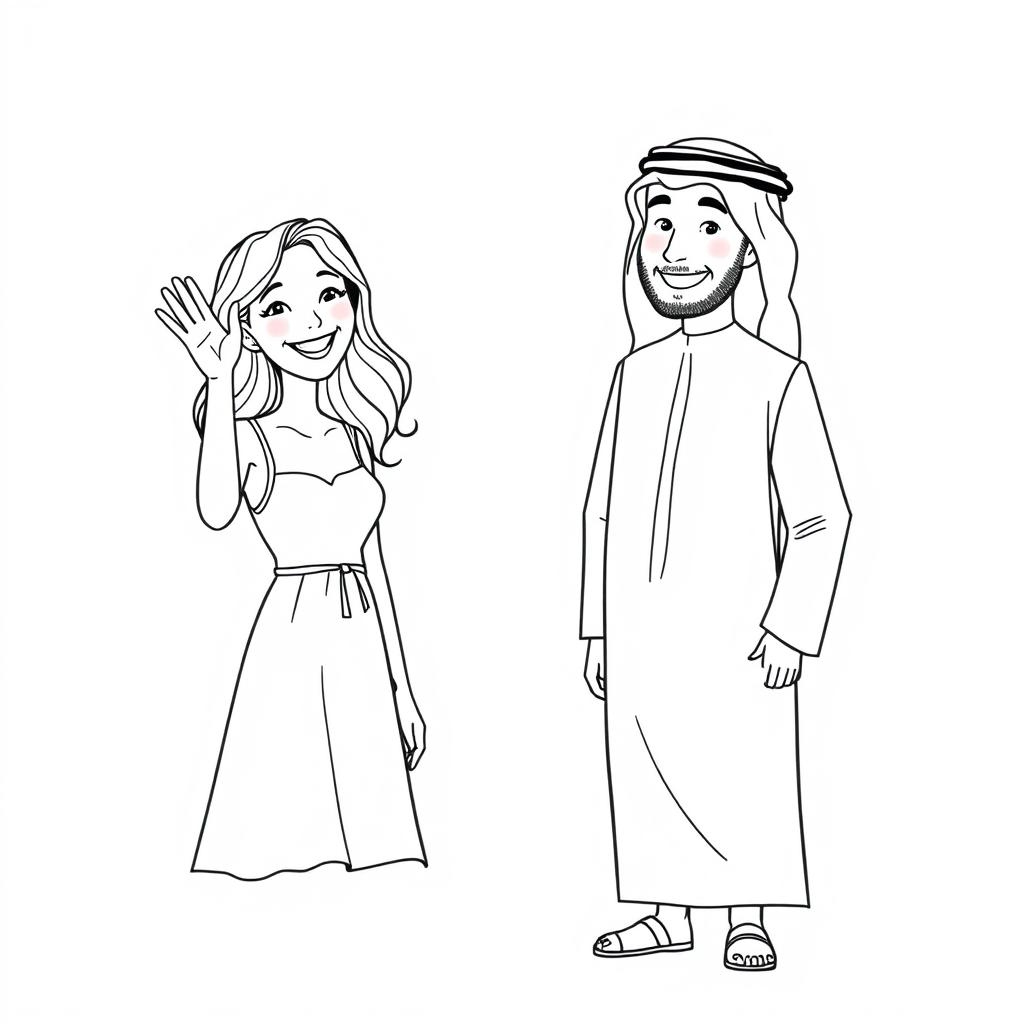 A simple black and white drawing depicting a European woman waving to an Arab man wearing a hatta