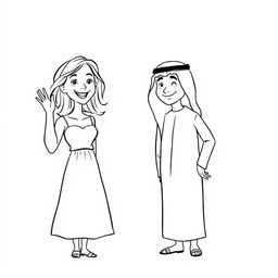 A simple black and white drawing depicting a European woman waving to an Arab man wearing a hatta