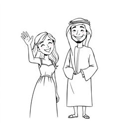 A simple black and white drawing depicting a European woman waving to an Arab man wearing a hatta