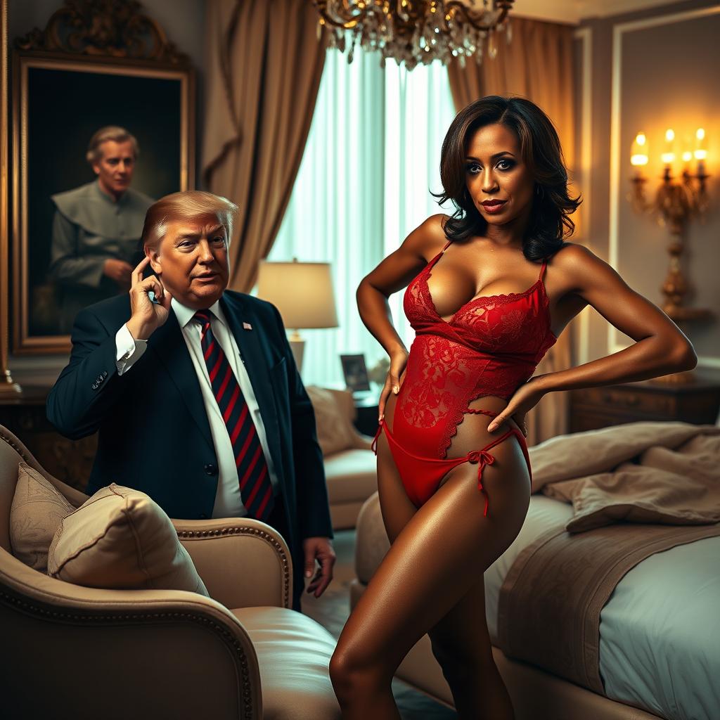 Kamala Harris striking a confident pose in red lingerie, showcasing her figure with a playful attitude, set in a stylishly designed bedroom with luxurious decor