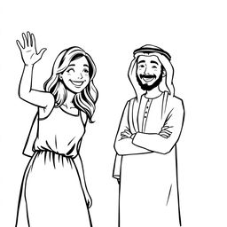 A simple black and white drawing depicting a European woman waving to an Arab man wearing a hatta