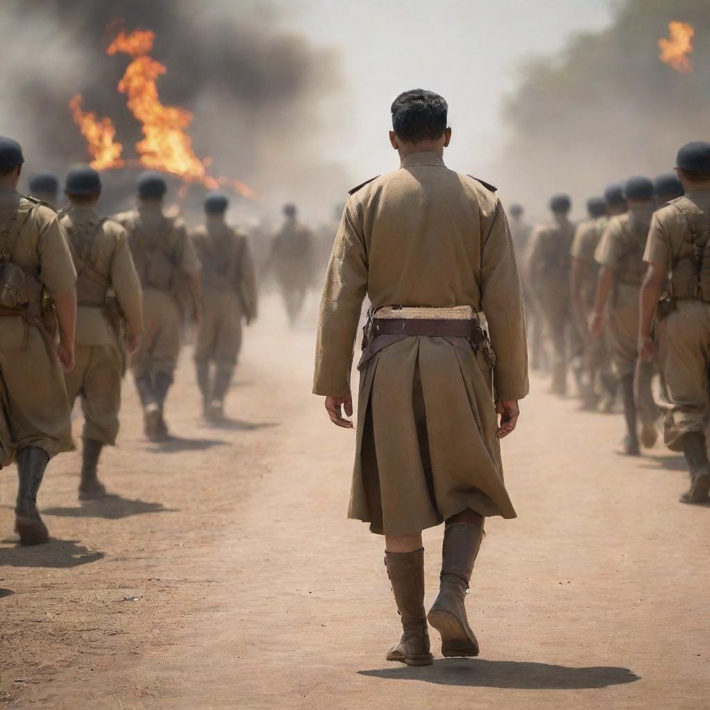 A strong and dignified leader walking away from their troops, their footsteps echoing power. The leader imparts their final words, 'Our journey together has ended. Keep this flame alight.'