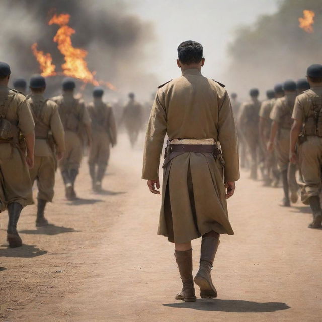 A strong and dignified leader walking away from their troops, their footsteps echoing power. The leader imparts their final words, 'Our journey together has ended. Keep this flame alight.'