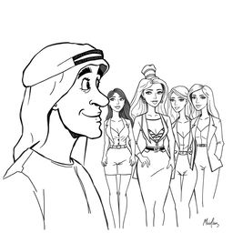 A simple black and white drawing depicting an Arab man wearing a hatta, looking adoringly at various European women