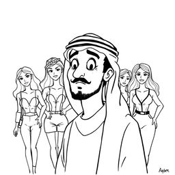 A simple black and white drawing depicting an Arab man wearing a hatta, looking adoringly at various European women