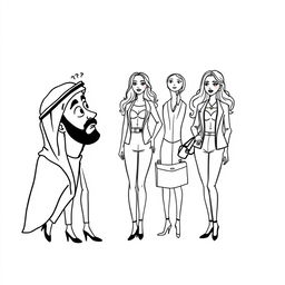 A simple black and white drawing depicting an Arab man wearing a hatta, looking adoringly at various European women