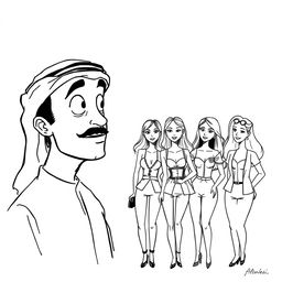 A simple black and white drawing depicting an Arab man wearing a hatta, looking adoringly at various European women