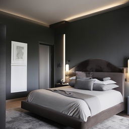 A sleek, modern bedroom with a minimalist design, favouring cool tones and masculine aesthetics, featuring a king-size bed, stylish lighting, and contemporary art pieces.