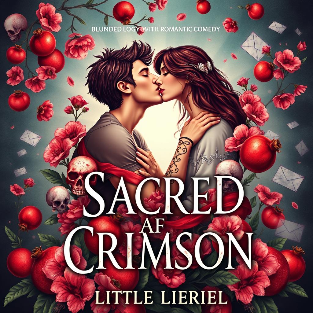 A captivating book cover for a YA novel titled 'Sacred Crimson' by Little Liriel, blending Greek mythology with romantic comedy elements