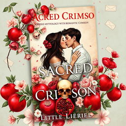 A captivating book cover for a YA novel titled 'Sacred Crimson' by Little Liriel, blending Greek mythology with romantic comedy elements