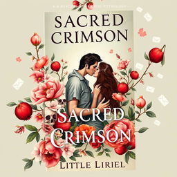 A captivating book cover for a YA novel titled 'Sacred Crimson' by Little Liriel, blending Greek mythology with romantic comedy elements