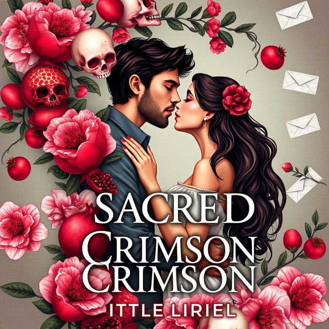 A captivating book cover for a YA novel titled 'Sacred Crimson' by Little Liriel, blending Greek mythology with romantic comedy elements