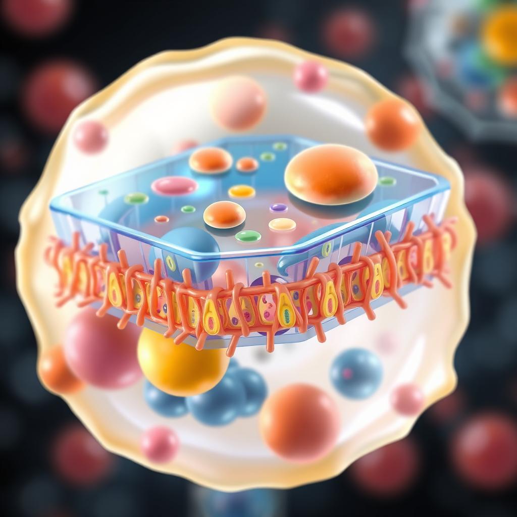 A detailed and scientifically accurate illustration of a cell membrane, showcasing its lipid bilayer structure, embedded proteins, and carbohydrate chains on the outer surface