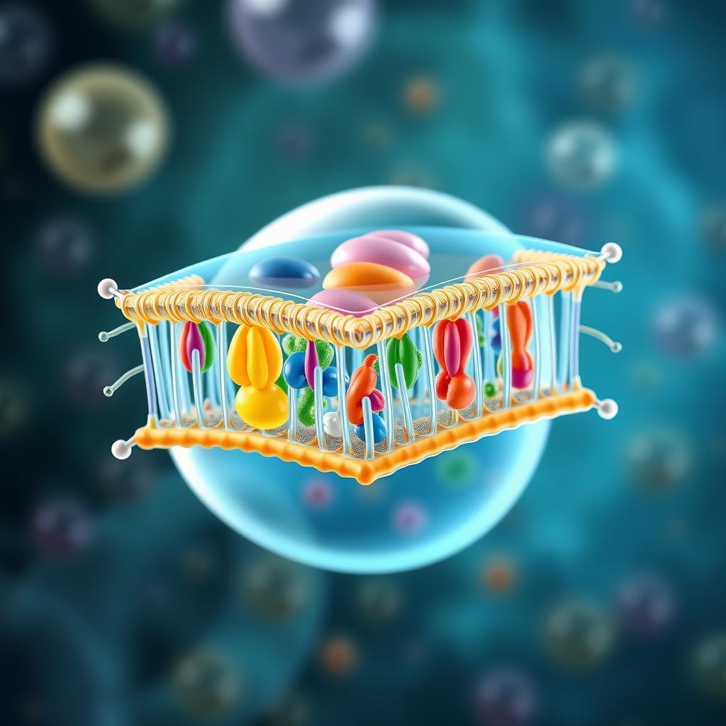 A detailed and scientifically accurate illustration of a cell membrane, showcasing its lipid bilayer structure, embedded proteins, and carbohydrate chains on the outer surface