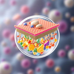 A detailed and scientifically accurate illustration of a cell membrane, showcasing its lipid bilayer structure, embedded proteins, and carbohydrate chains on the outer surface