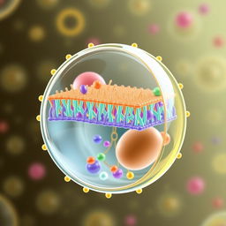 A detailed and scientifically accurate illustration of a cell membrane, showcasing its lipid bilayer structure, embedded proteins, and carbohydrate chains on the outer surface