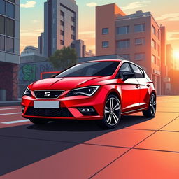 A dynamic and sleek graphic illustration of a Seat Leon 1P1 in a vibrant urban setting