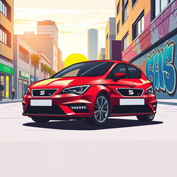 A dynamic and sleek graphic illustration of a Seat Leon 1P1 in a vibrant urban setting